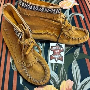 Kids Suede Fringe Moccasin Boots - Tan
